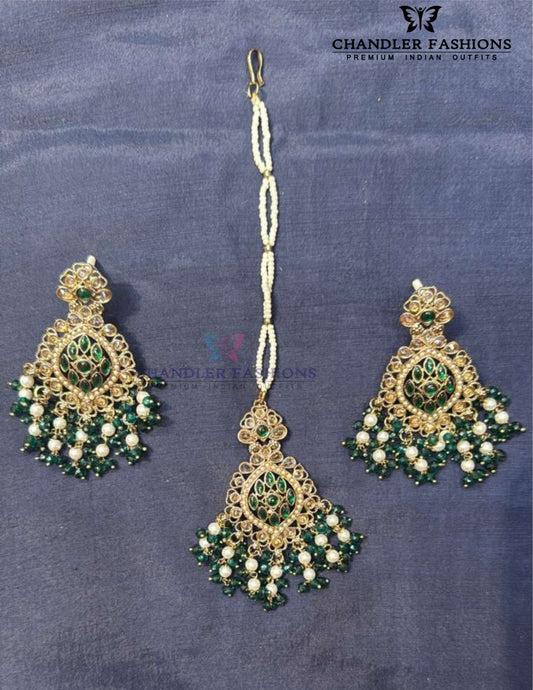 Elegant Gold Color Stones And Beads White And Dark Green Pearls Earrings With Maang Tikka