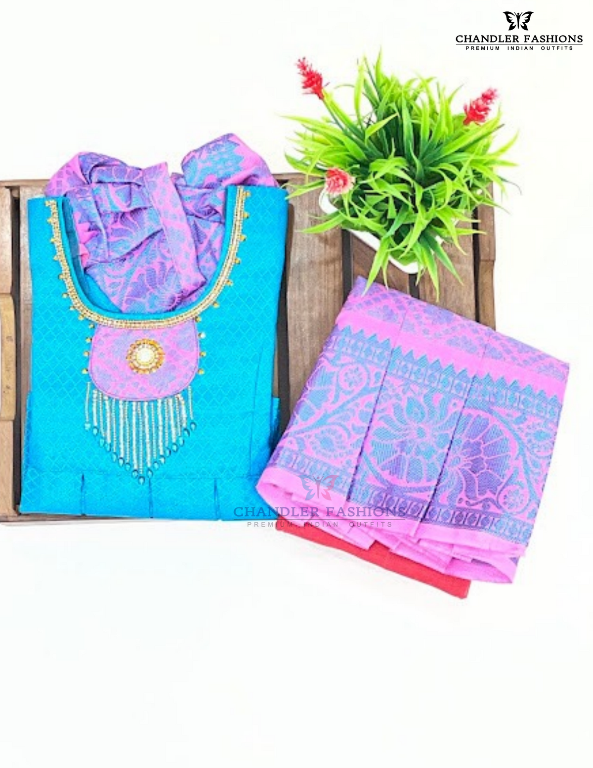 Sky Blue And Pink Color Art Silk With Stones Work Langa Set In USA