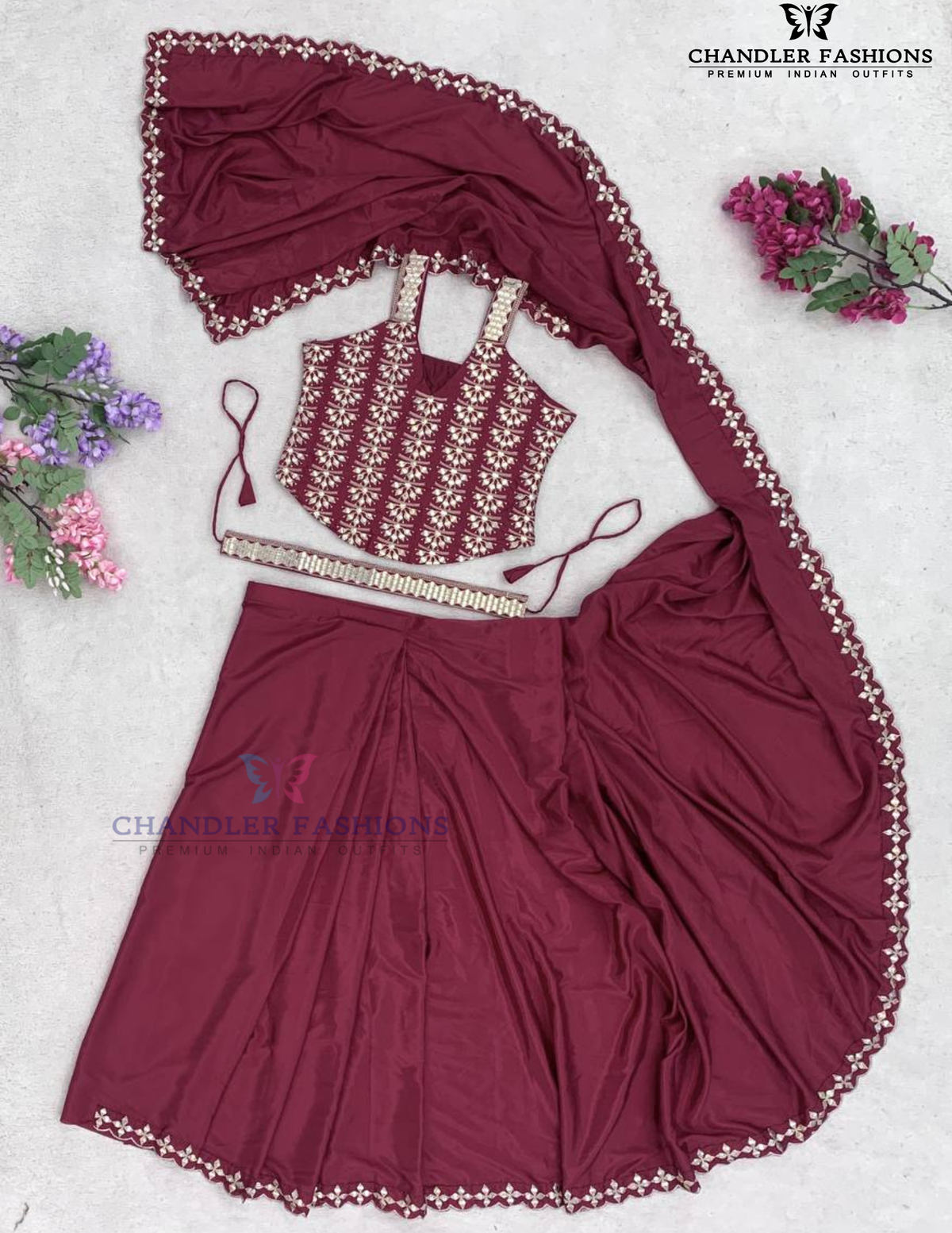Maroon Color Drape Saree Foil Embroidery Work In Mesa