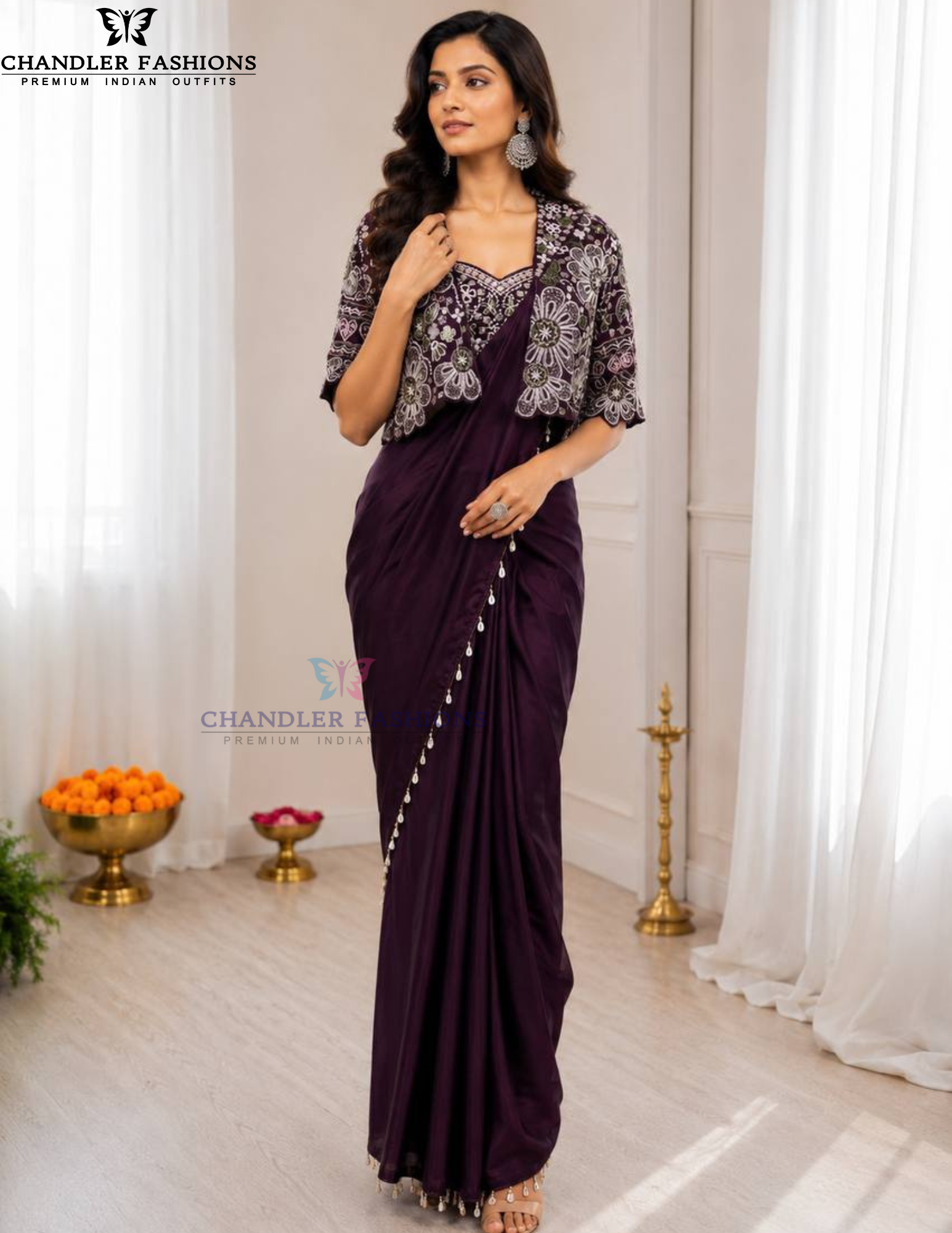 Wine Color Crepe Silk Saree Set Embroidery Work In Mesa
