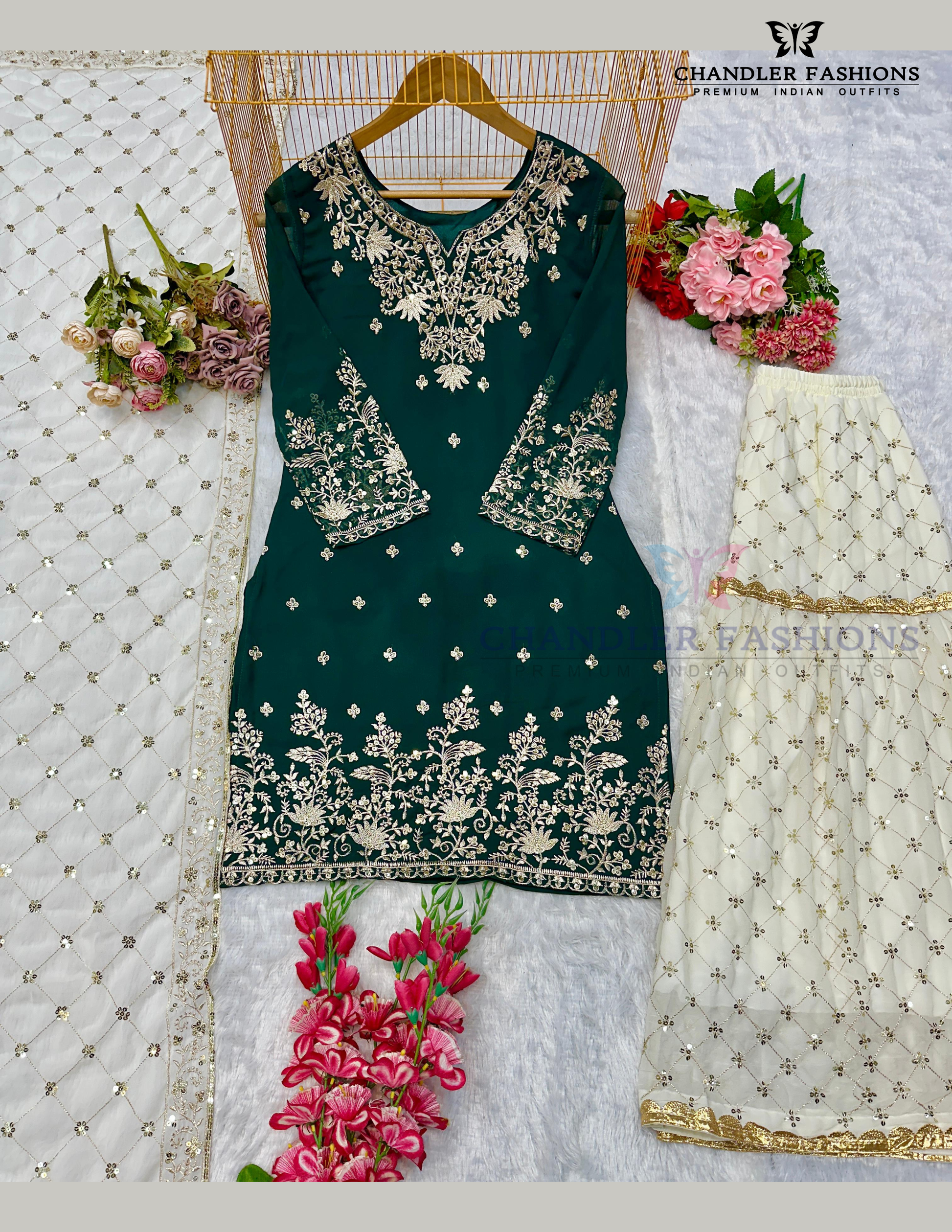 Green Color Georgette With Embroidery Work Sharara Suits Near Me