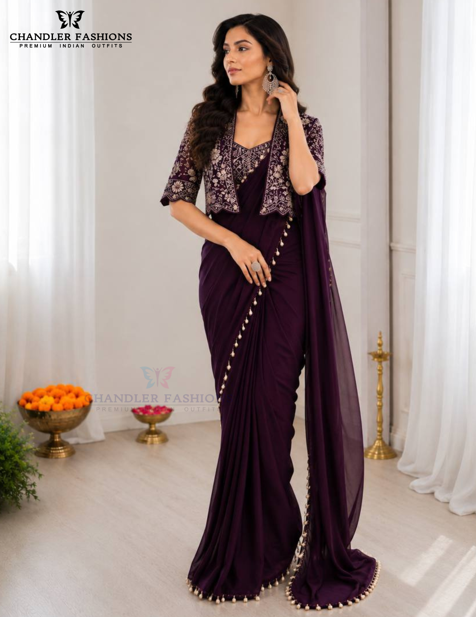 Attractive Wine Color Crepe Silk Saree Set Embroidery Koti Jacket And Sequin Work For Women