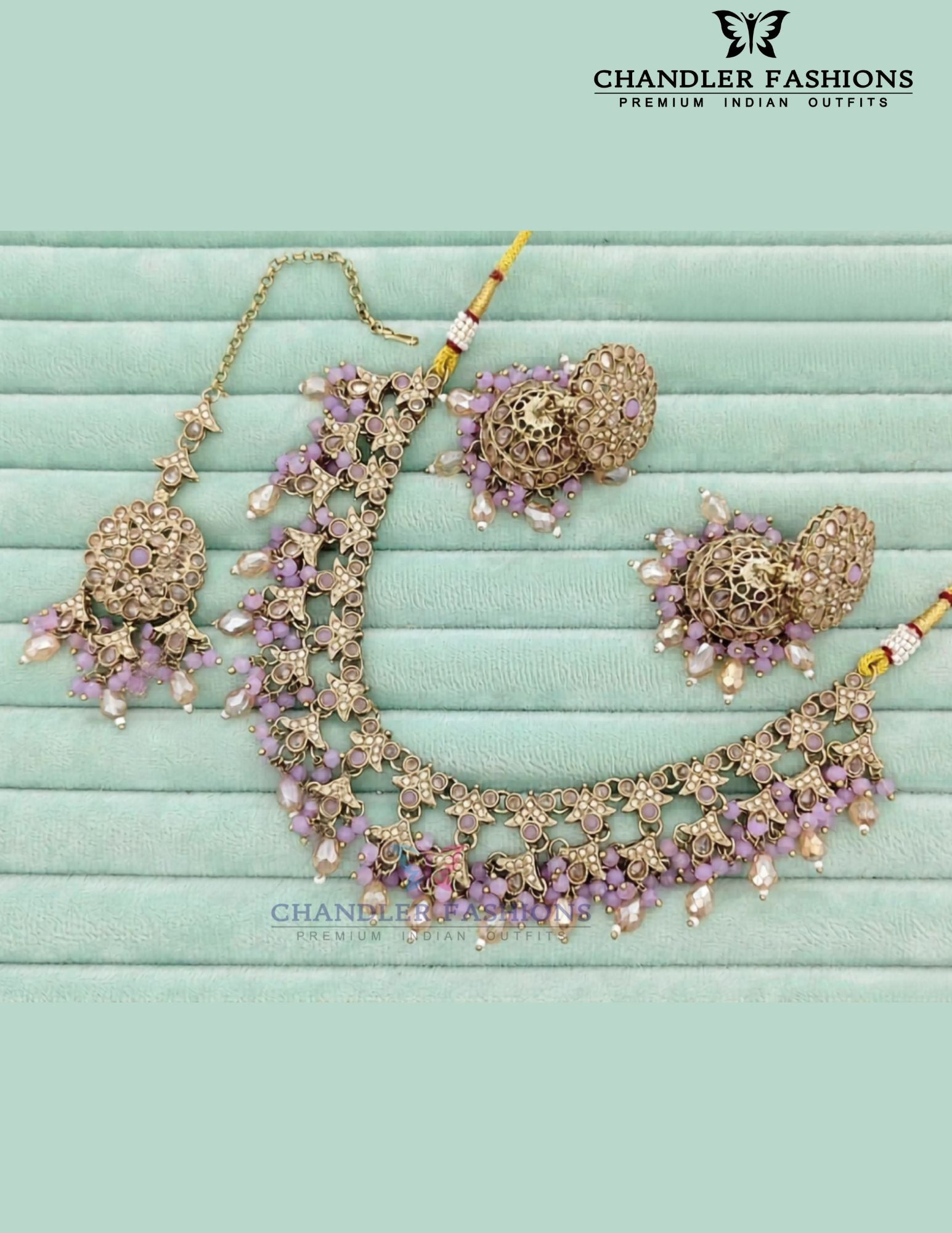 Attractive Lavender Color Jewelry Antique Gold Necklace Set With Earrings And Maang Tikka