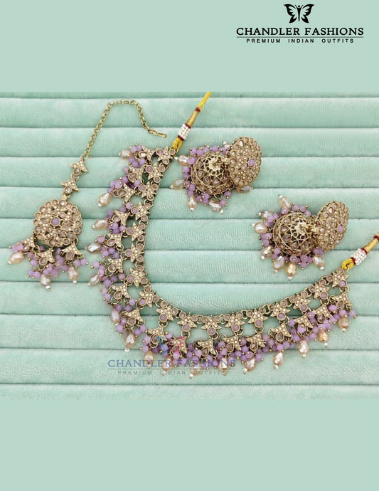 Attractive Lavender Color Jewelry Antique Gold Necklace Set With Earrings And Maang Tikka