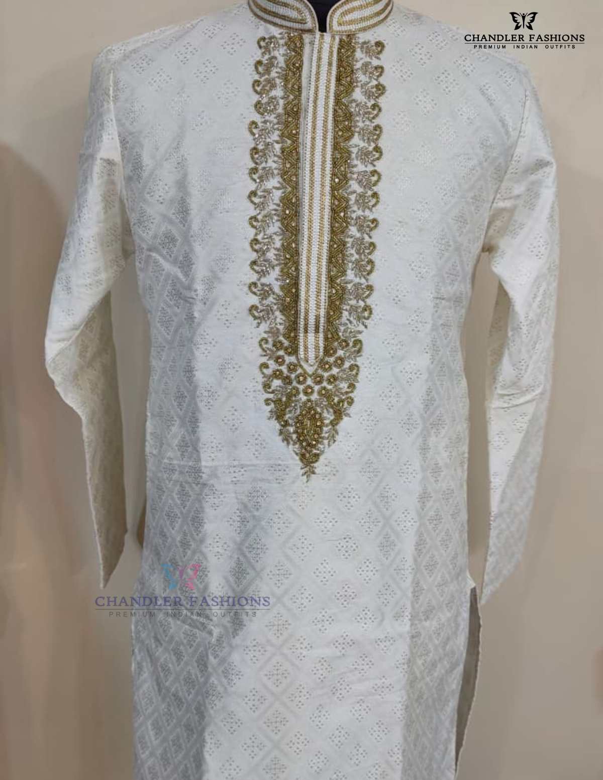 Amazing Ivory Color Banarasi Brocade Kurta With Pajama For Men