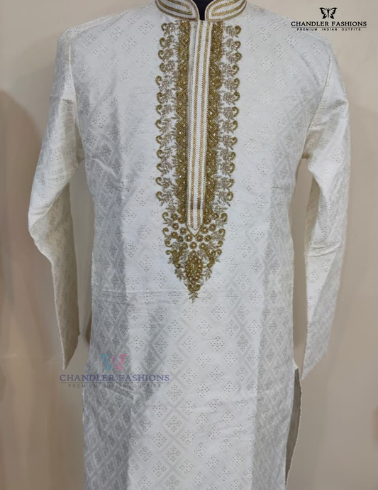 Amazing Ivory Color Banarasi Brocade Kurta With Pajama For Men