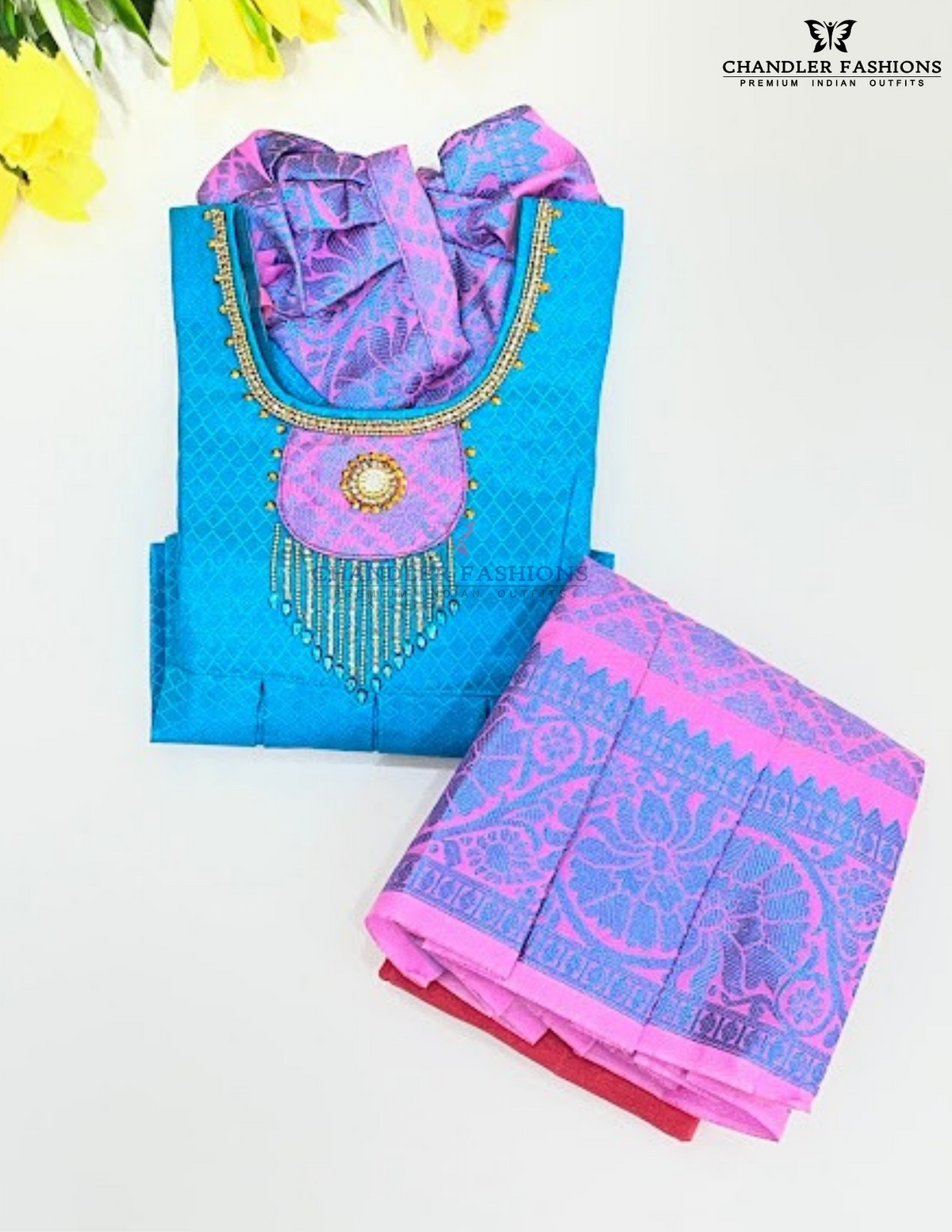 Wondlerful Sky Blue And Pink Color Art Silk With Stones Work Langa Set Near Me