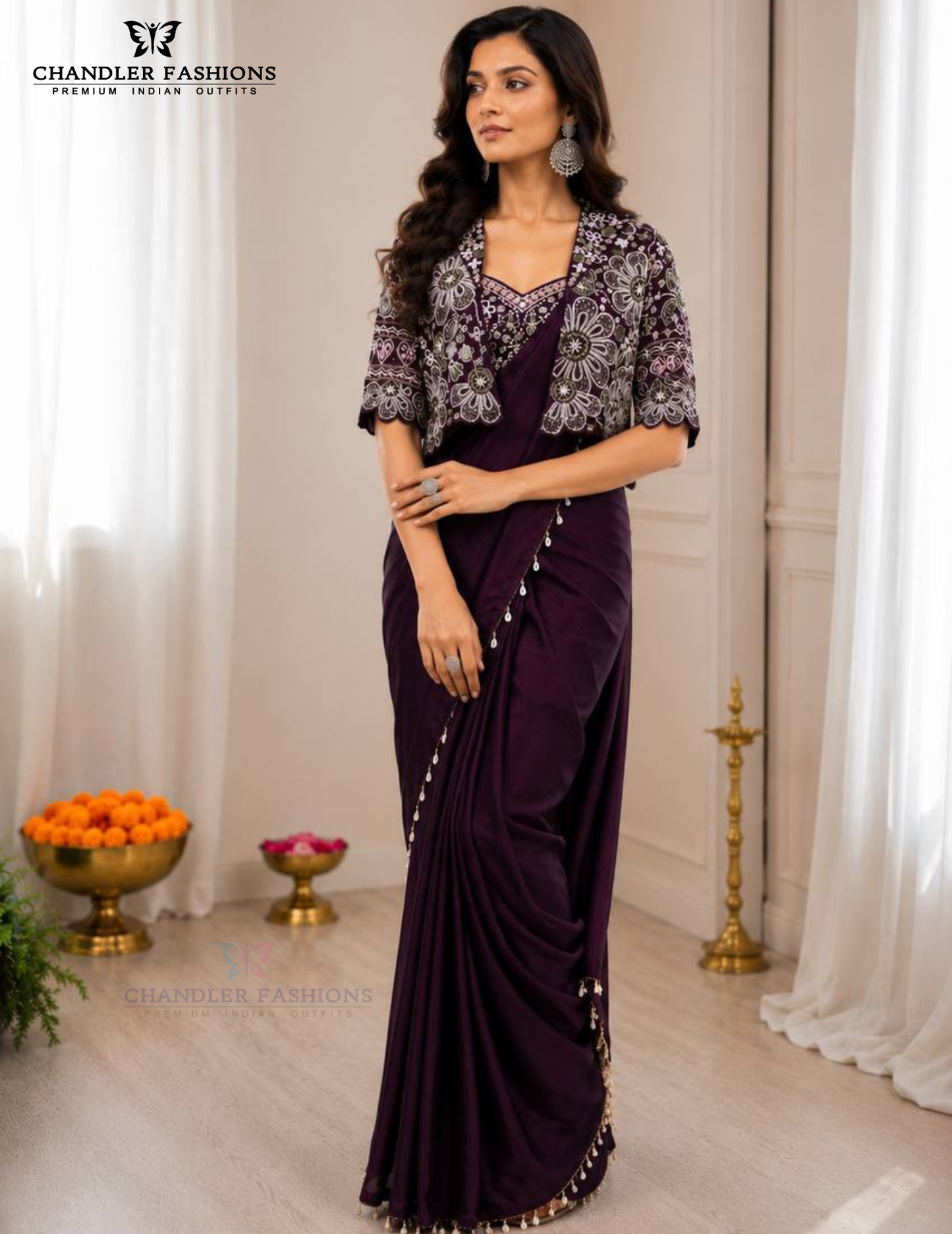 Wine Color Crepe Silk Saree Set Embroidery Koti Jacket And Sequin Work Near Me