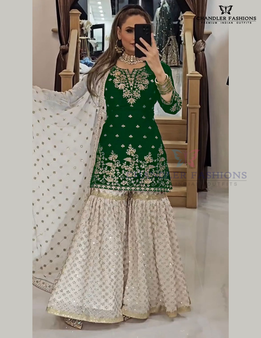 Gorgeous Green Color Georgette With Embroidery Work Sharara Suits With Dupatta