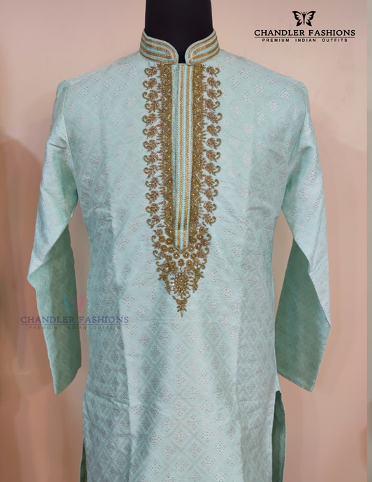 Amazing Light Green Color Banarasi Brocade Kurta With Pajama For Men