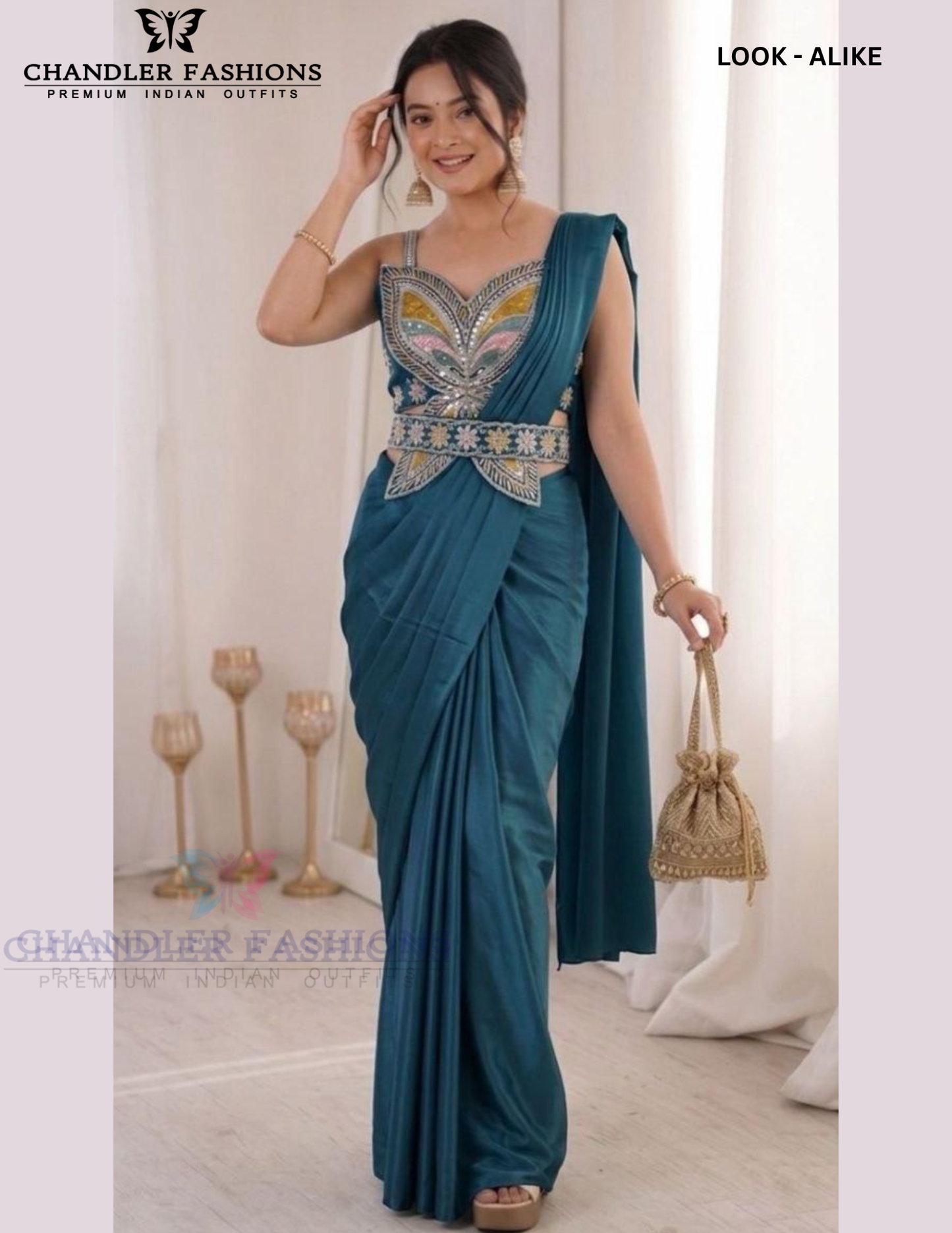 Gorgeous Teal Blue Color Ready To Wear Saree With Embroidery Work For Women