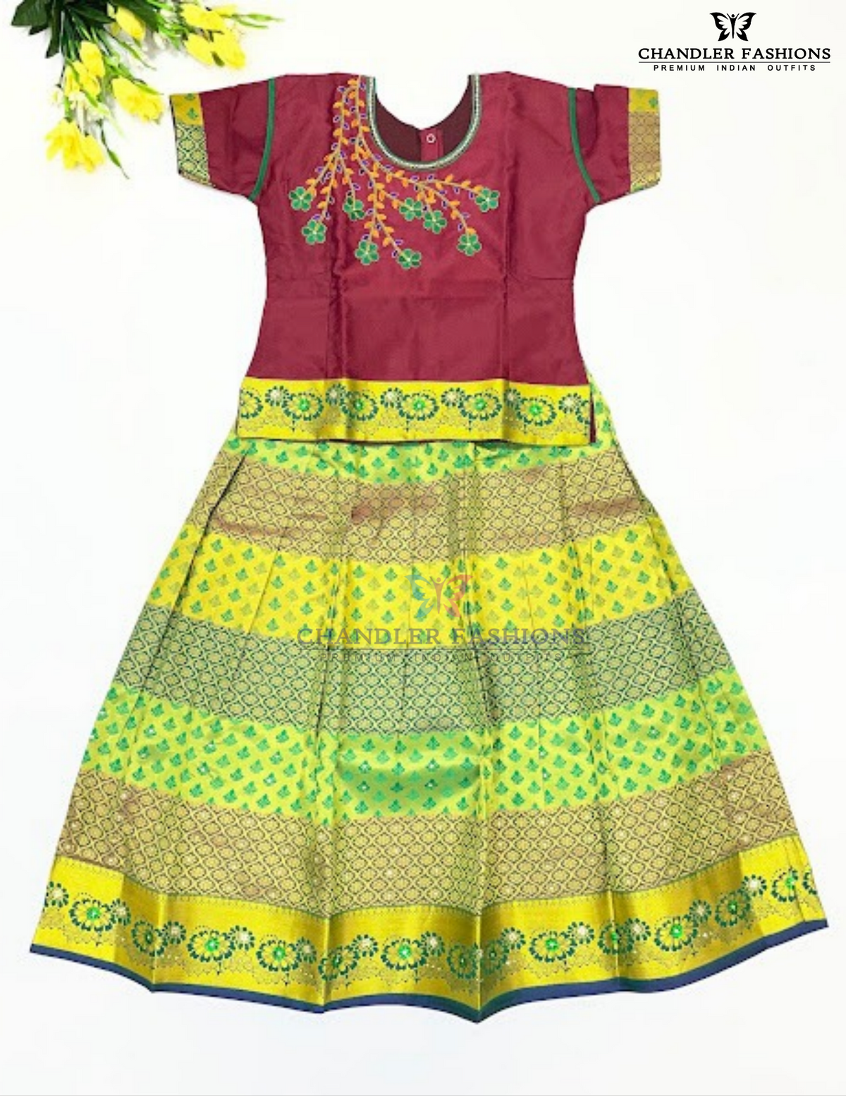 Alluring Maroon And Green Color Art Silk Langa Set With Embroidery And Stone Work For Girls