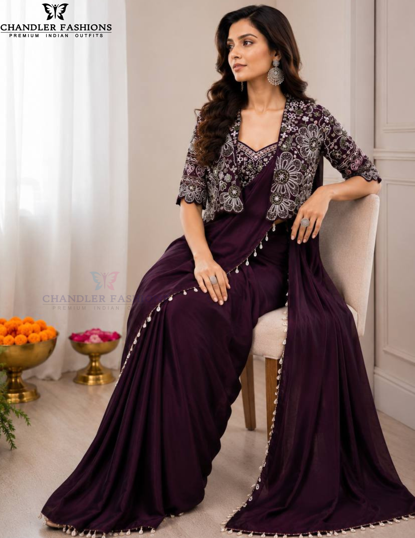 Wine Color Crepe Silk Saree Set Embroidery Work In USA
