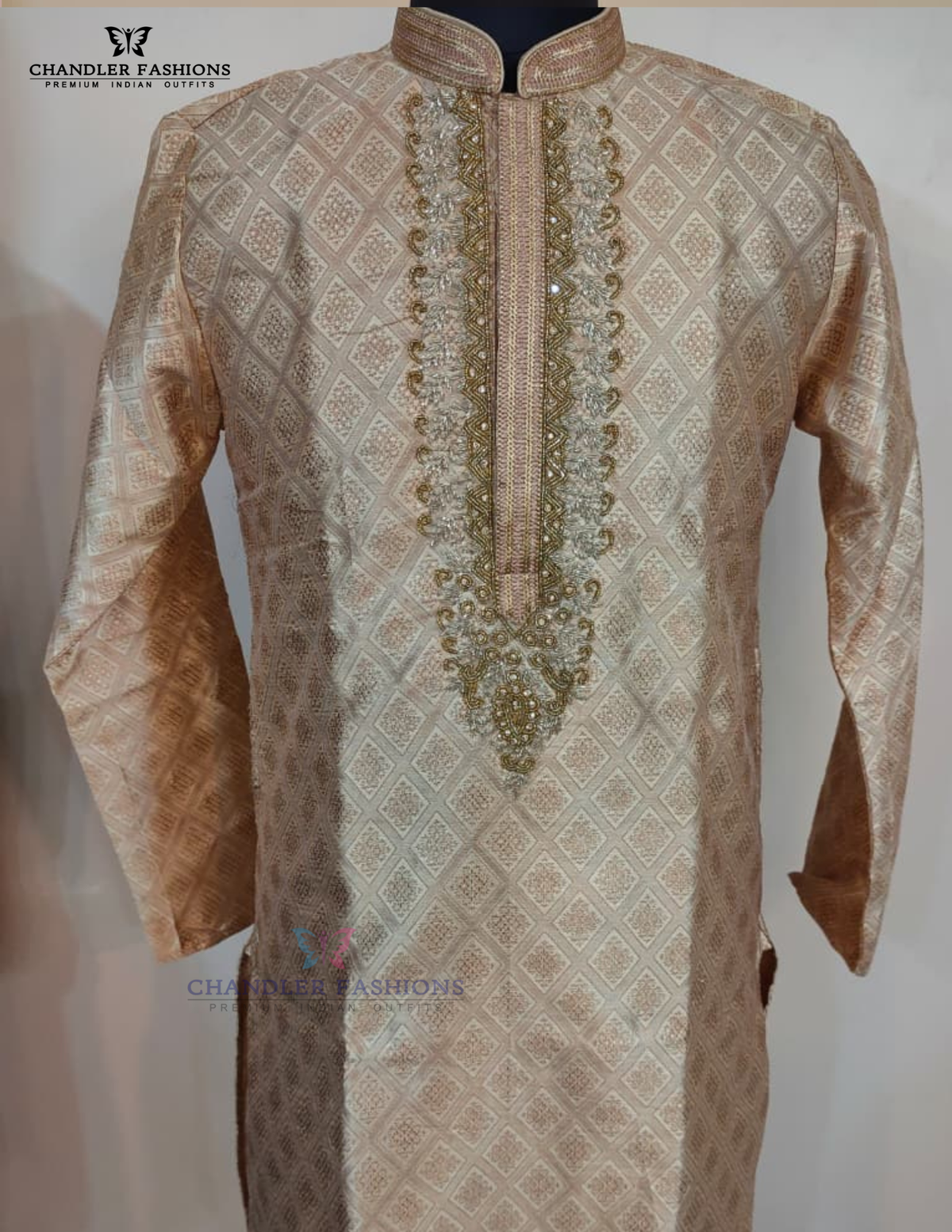Amazing Gold Color Banarasi Brocade Kurta With Pajama For Men