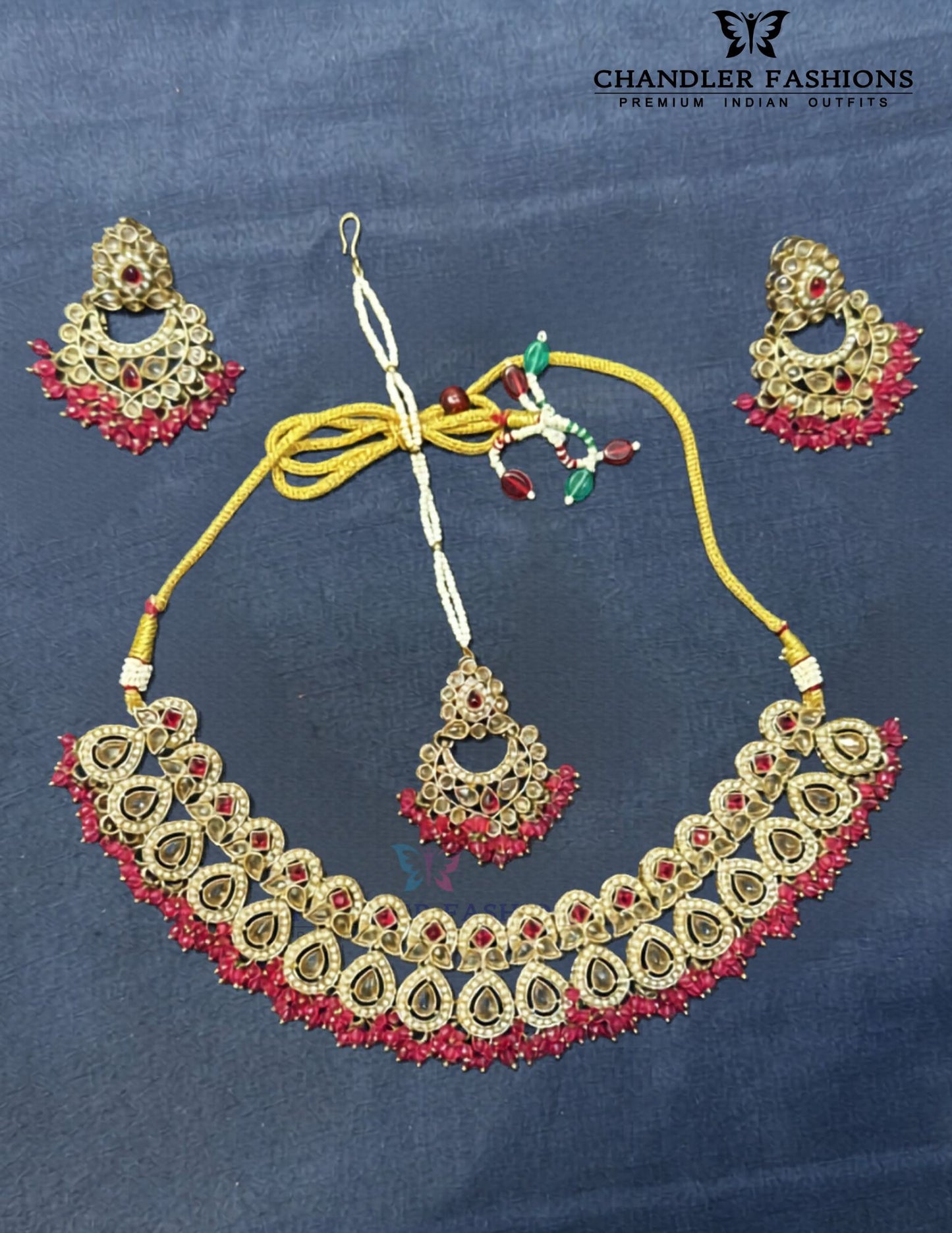 Beautiful Dark Pink Color Jewelry Antique Gold Necklace Set with Earrings And Maang Tikka