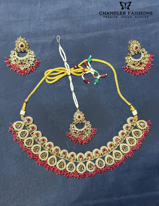 Beautiful Dark Pink Color Jewelry Antique Gold Necklace Set with Earrings And Maang Tikka