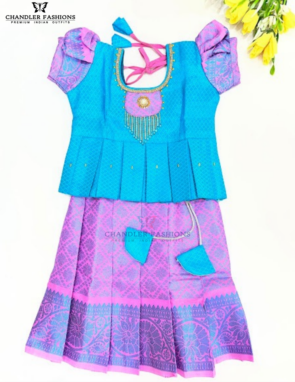 Wondlerful Sky Blue And Pink Color Art Silk With Stones Work Langa Set For Girls