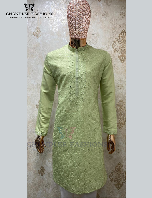 Attractive Pista Green Color Soft Silk Embroidery And Mirror Work Kurta Suits For Men