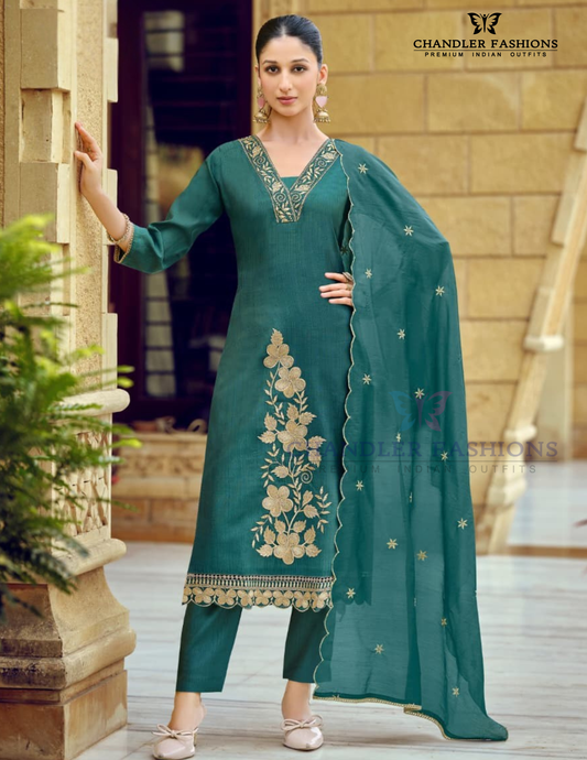 Appealing Teal Green Color Rayon With Hand Embroidery Work Salwar Suits With Dupatta