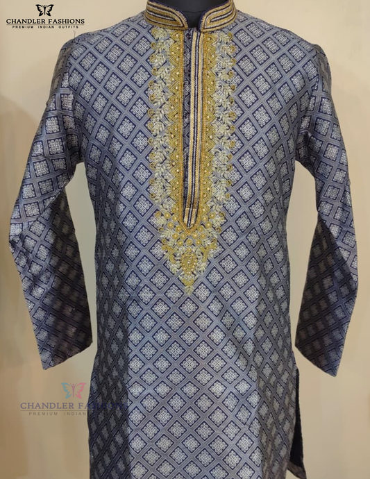 Amazing Blue Color Banarasi Brocade Kurta With Pajama For Men