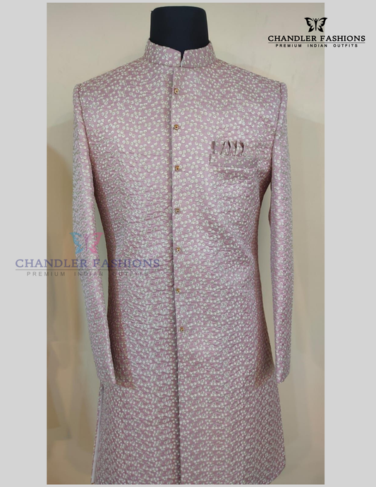 Wonderful Pastel Pink Color Raw Silk With Embroidery Work Sherwani Suit For Men - PREMIUM QUALITY