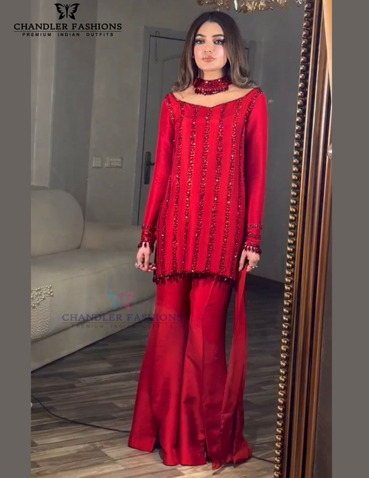 Stunning Red Color Rangoli Silk And Palazzo Suit Embroidery Work And Matching Dupatta For Women