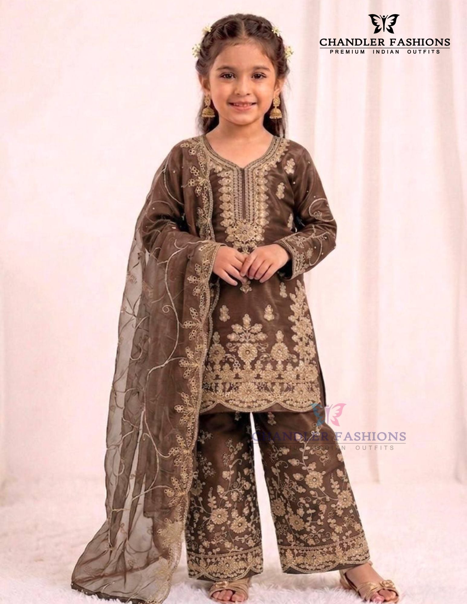 Lovely Brown Color Georgette Embroidery Work Sharara Suit For Girls