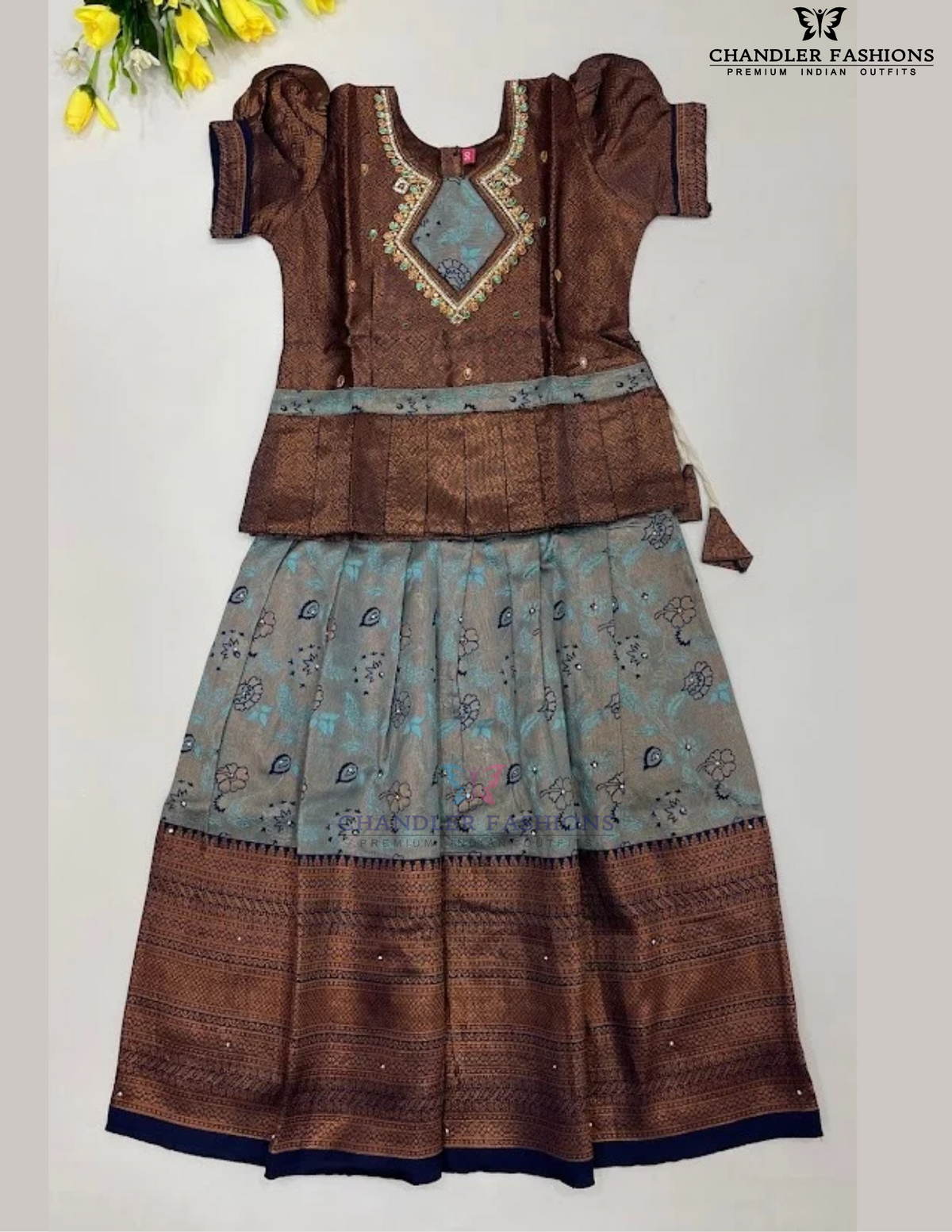 Amazing Copper And Blue Color Langa Set With Designer Zari Work For Girls