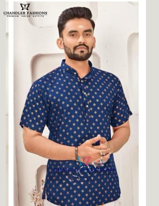 Charming Blue Color Cotton Short Kurta For Men