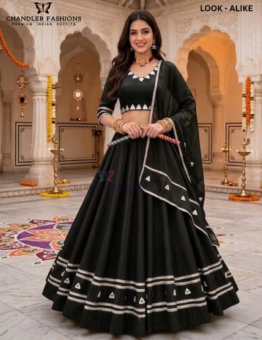 Attractive Black Color Roman Silk With Gota And Lace Work Chaniya Choli For Women