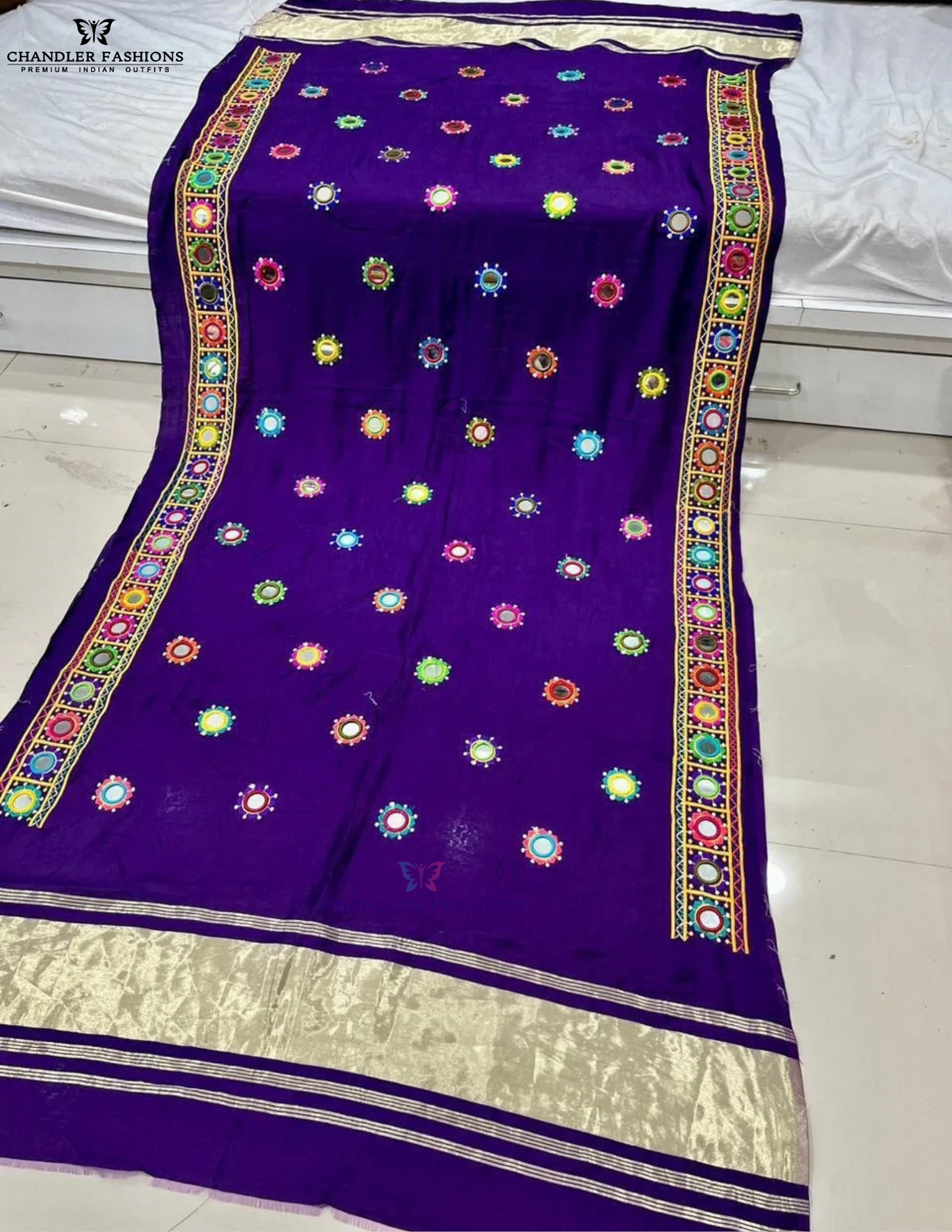 Elegant Violet Color Silk With Printed And Mirror Work Dupatta For Women