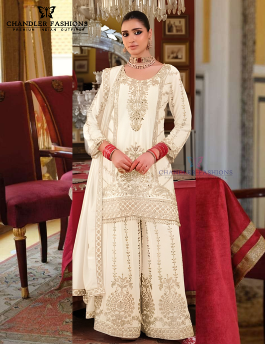 Charming White Color Chinon With Embroidery And Sequins Work Palazzo Suits