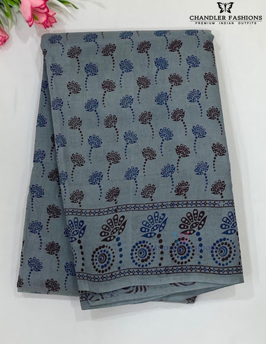 Amazing Gray Color Cotton Saree Print Work For Women