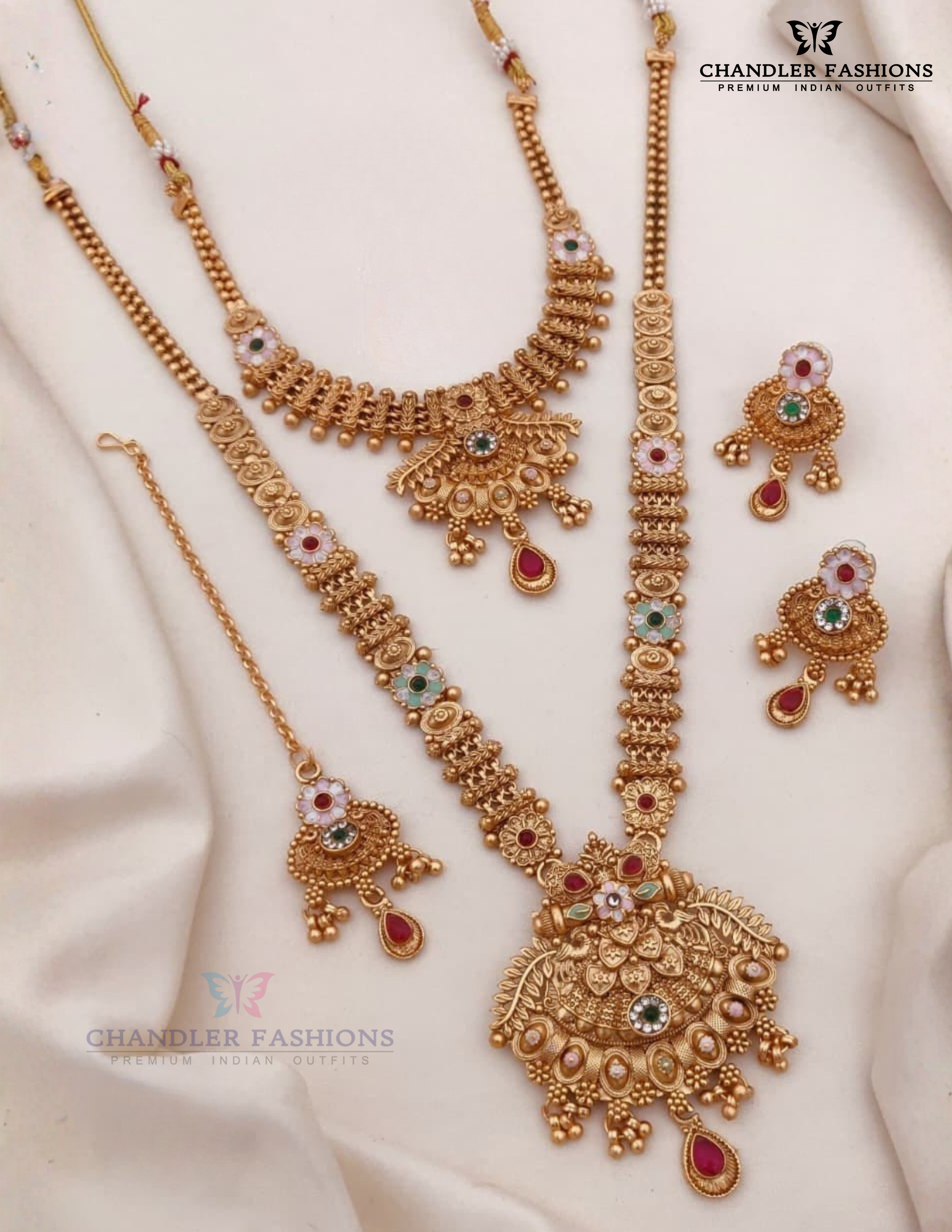 Attractive Multicolor Stone Antique Gold Necklace With Maang Tikka And Earrings Set