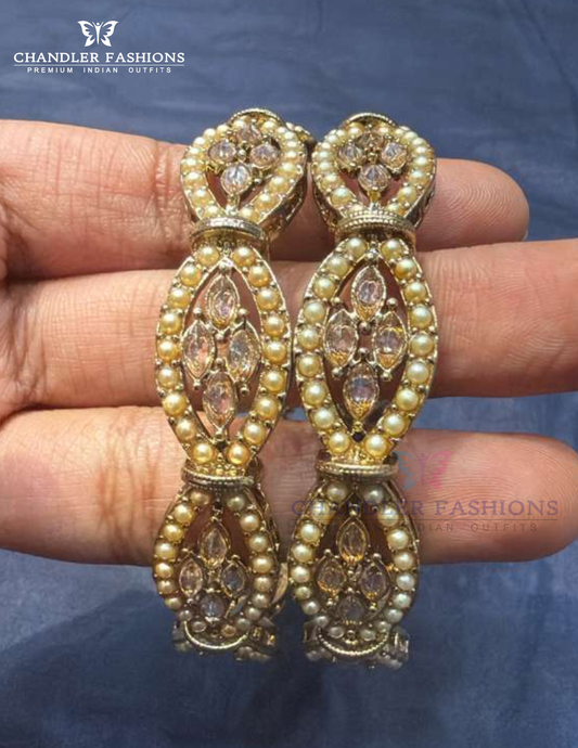 Attractive Light Pink Color Stones With Pearls Antique Gold Bangles For Women