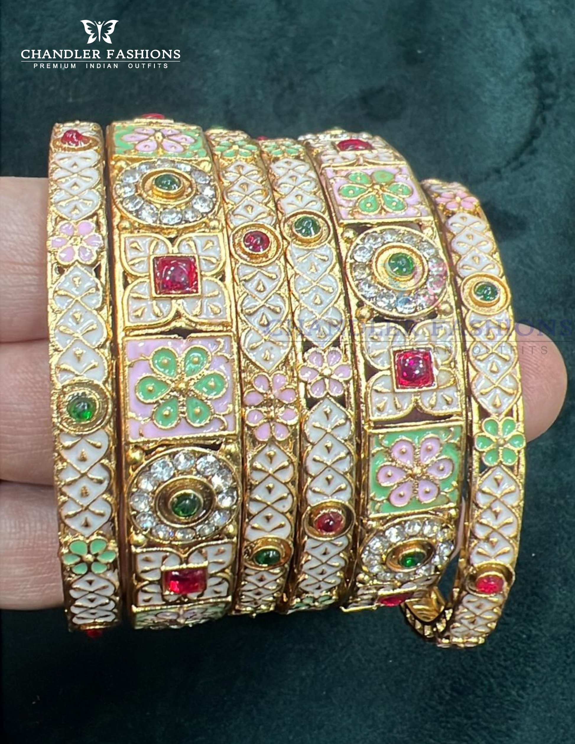 Stunning Multicolor Stones And Enamel Design Gold Plated Bangles For Women