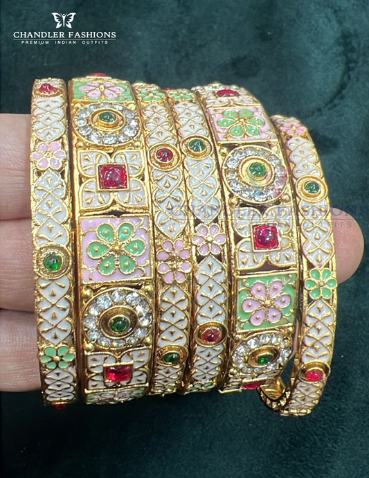 Stunning Multicolor Stones And Enamel Design Gold Plated Bangles For Women