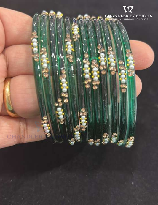 Wonderful Dark Green Colored Glass Bangles For Women