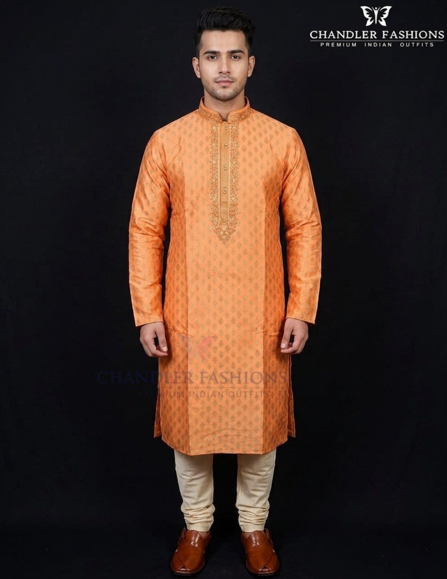 Wonderful Orange Color Raw Silk Designer Men's Kurta With Stone And Embroidery Work