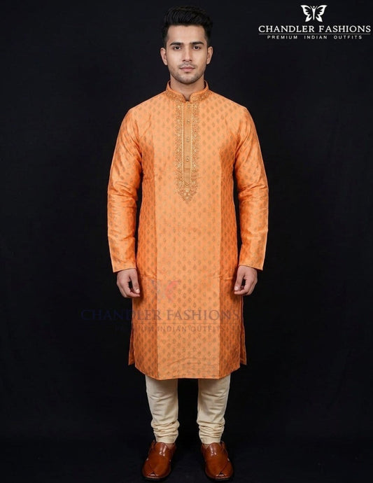 Wonderful Orange Color Raw Silk Designer Men's Kurta With Stone And Embroidery Work