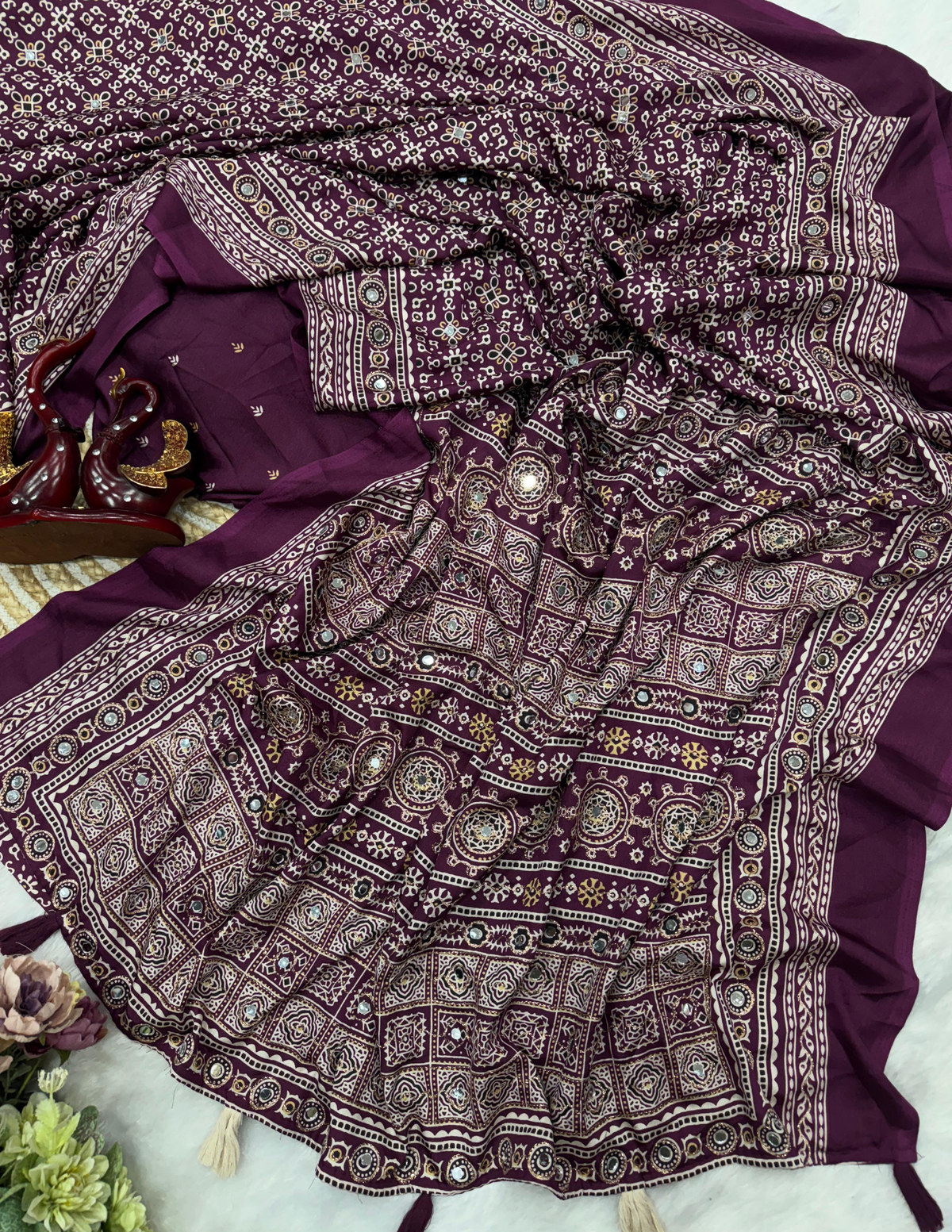 Alluring Purple Color Satin Crepe Saree With Print And Mirror Work For Women