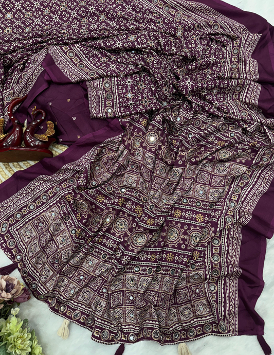 Alluring Purple Color Satin Crepe Saree With Print And Mirror Work For Women