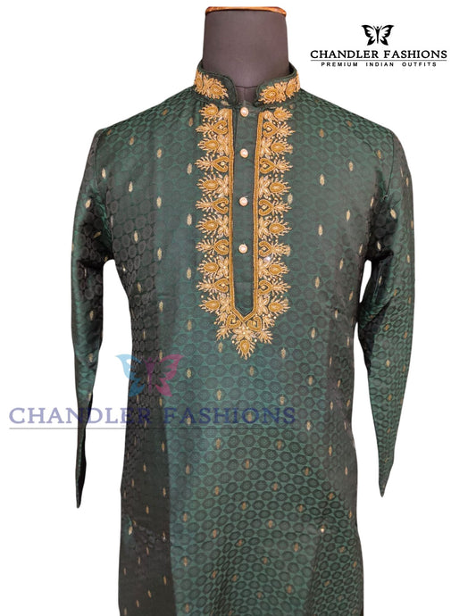 Marvelous Bottle Green Color Brocade Kurta With Pajama For Men