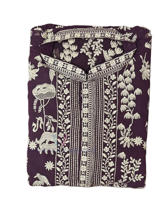 Beautiful Dark Purple Color Georgette With Embroidery Work Kurta Suits For Men
