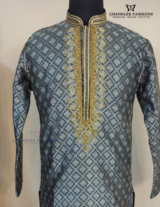 Amazing Green Color Banarasi Brocade Kurta With Pajama For Men