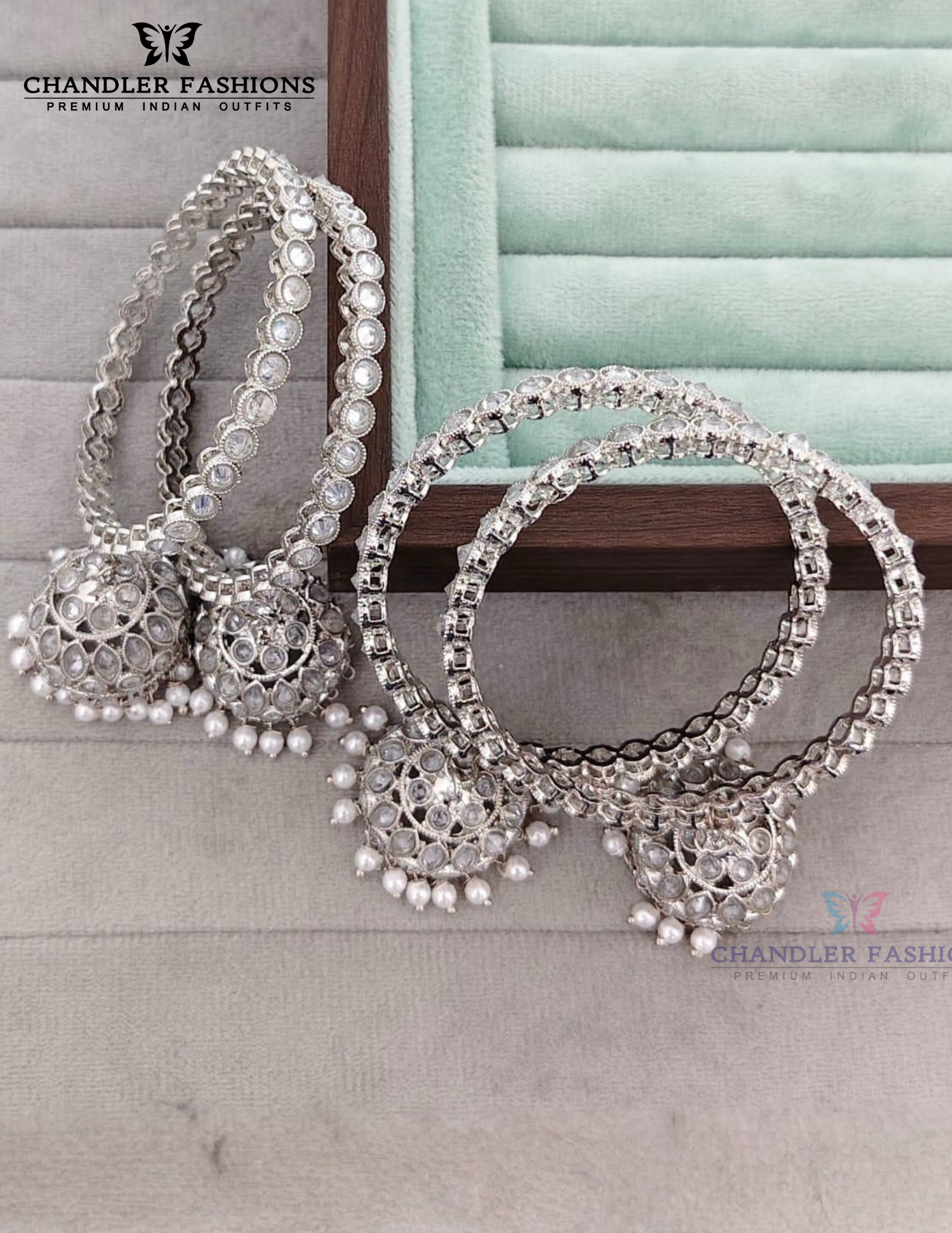 Elegant White Stone And Pearl Jhumkas Style Silver Color American Diamond Bangles For Women