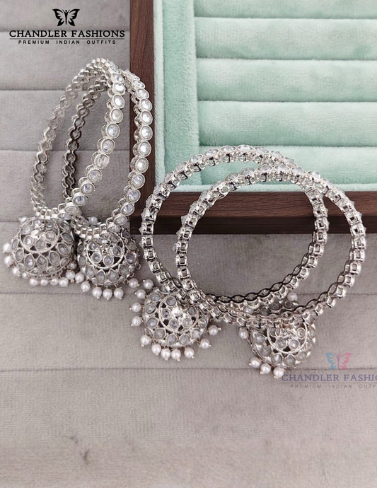 Elegant White Stone And Pearl Jhumkas Style Silver Color American Diamond Bangles For Women