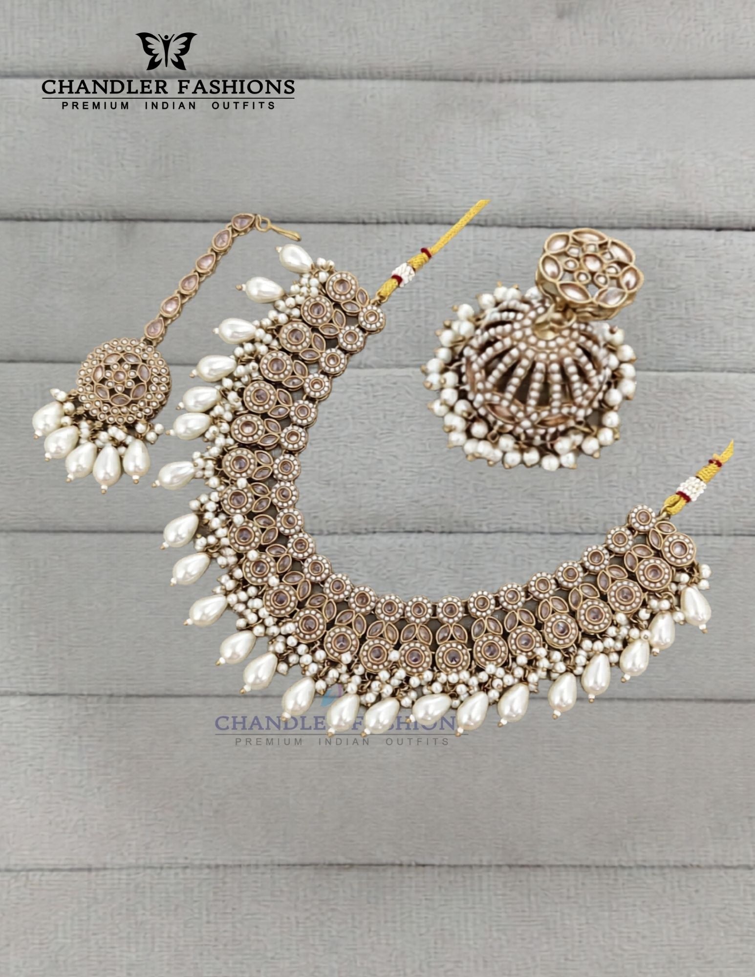 Amazing Gold Color And White Pearl Antique Gold Jhumka Necklace Set with Earrings And Maang Tikka