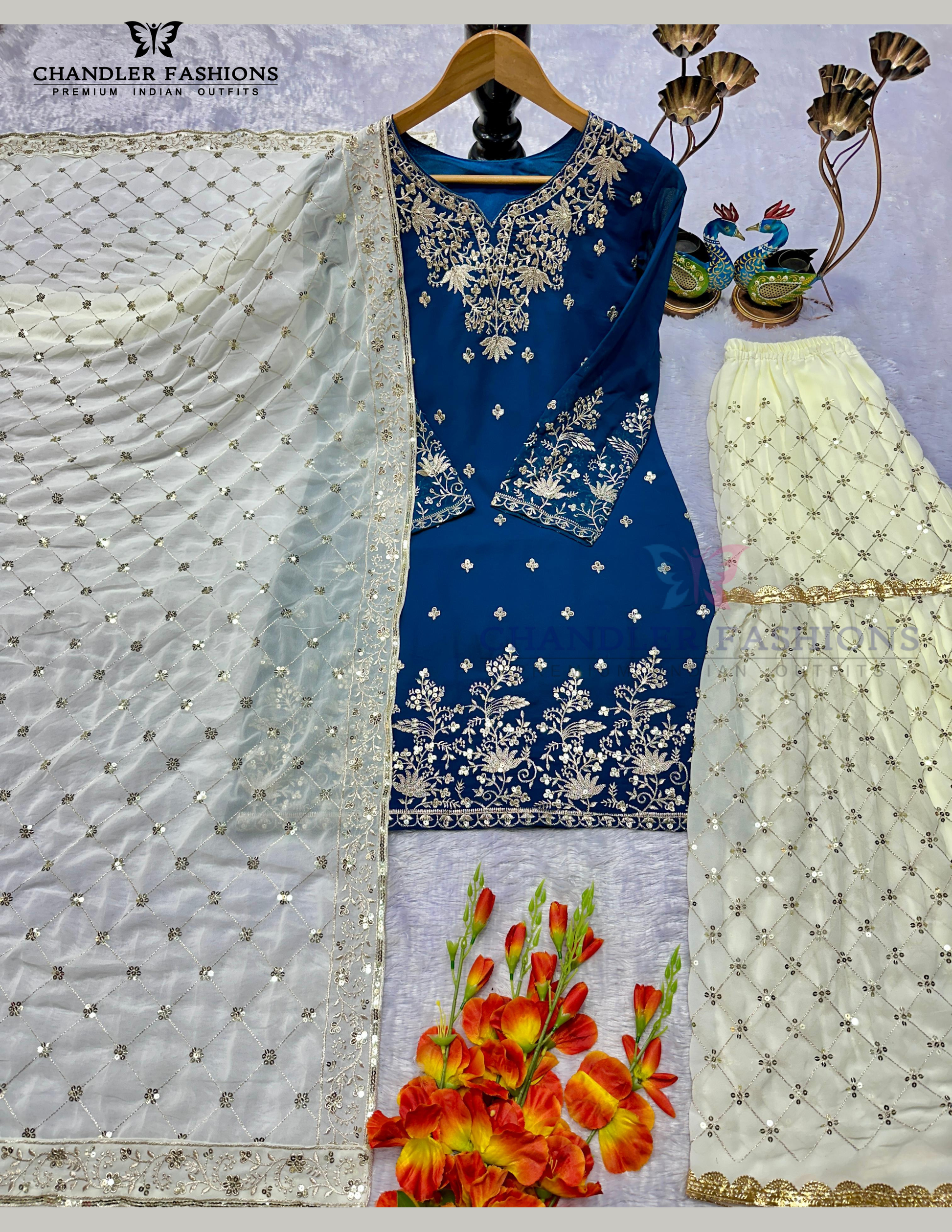 Blue Color Georgette With Embroidery Work Sharara Suits Near Me