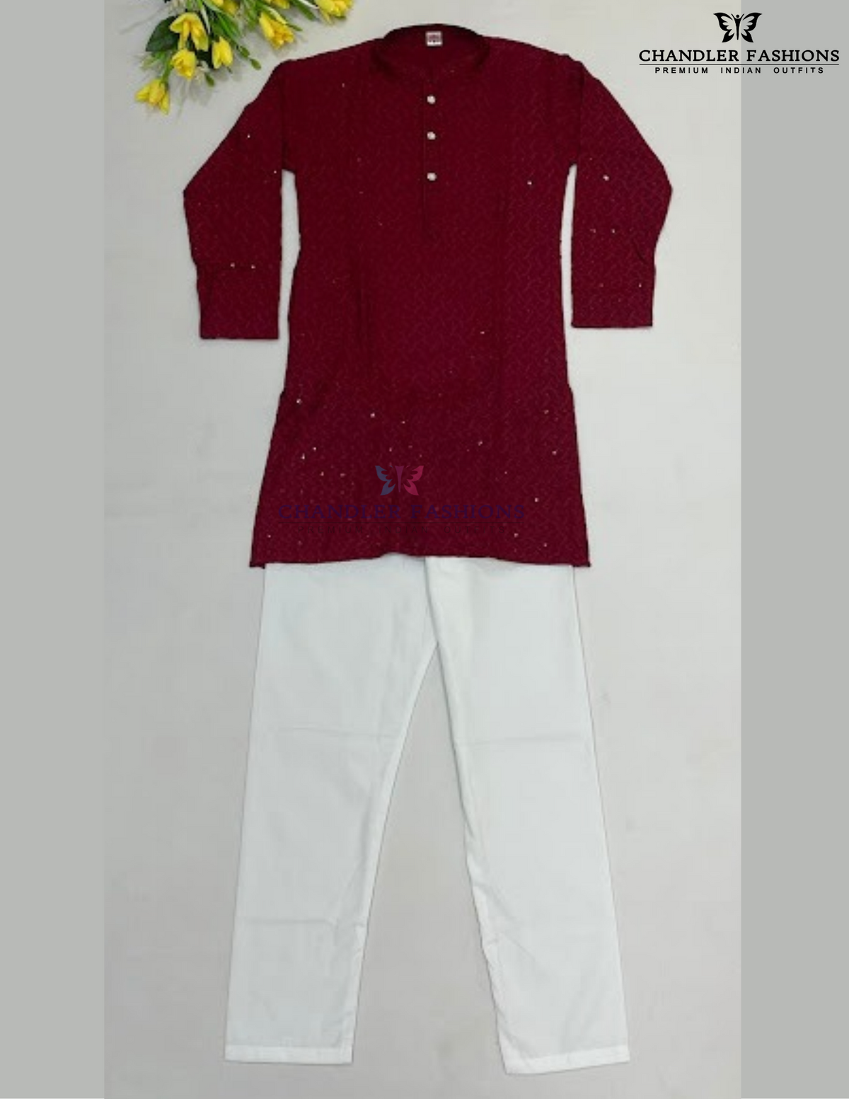 Attractive Red Color Cotton Embroidery And Sequins Work Kurta With Pajama Set For Boys
